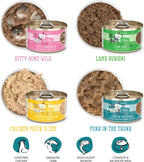 Weruva cat food cans arranged to show all four flavor variants