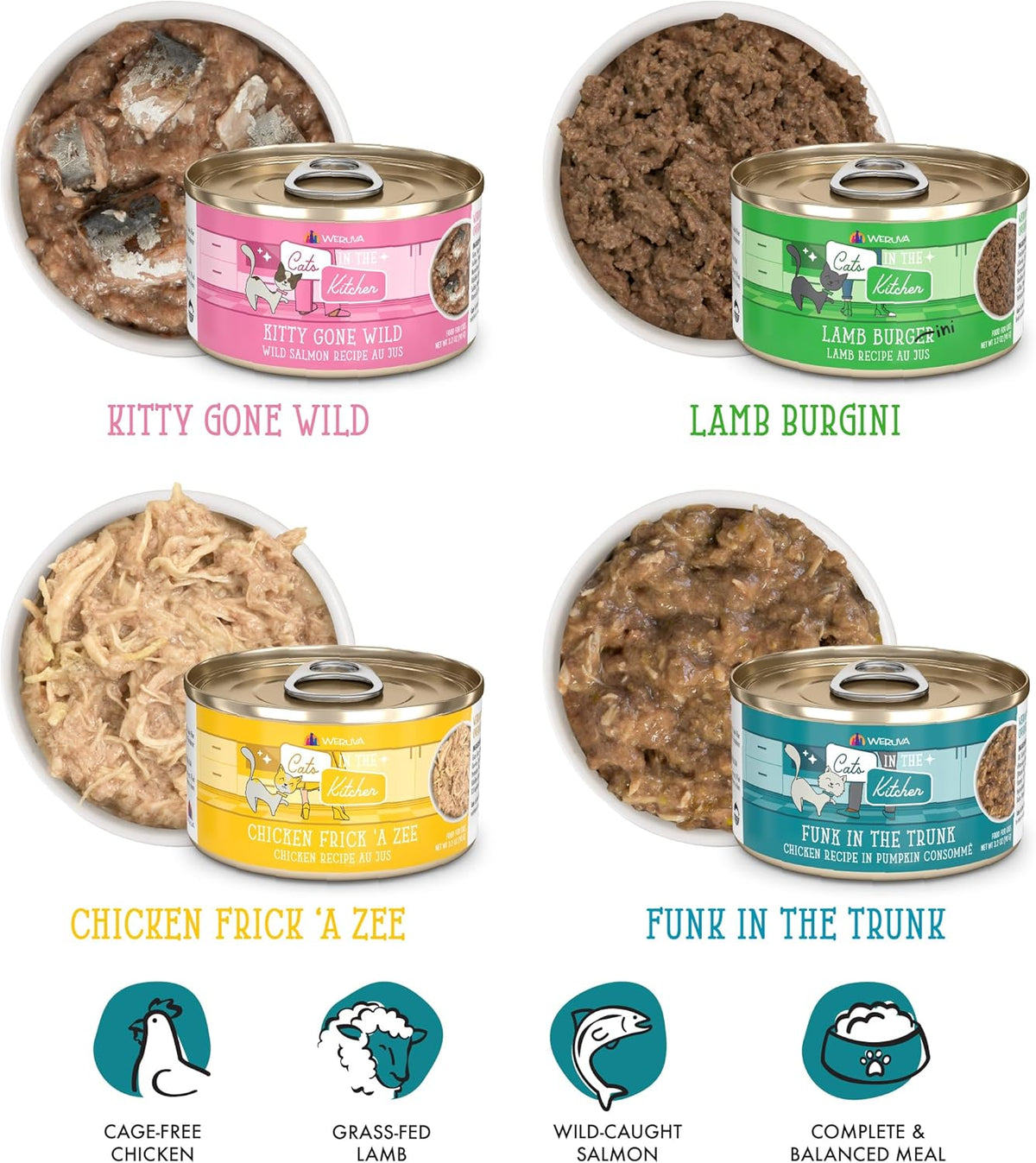 Weruva cat food cans arranged to show all four flavor variants