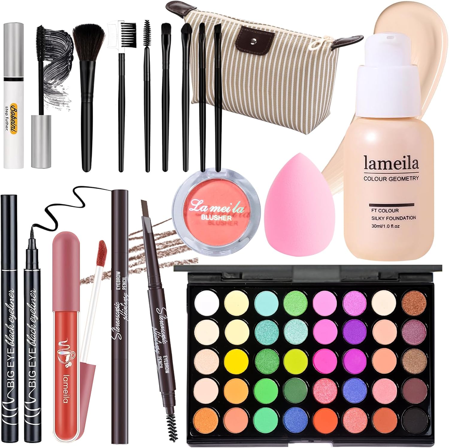 YBUETE Makeup Set Full Kit front view showcasing the forty color eyeshadow palette and open cosmetic bag.