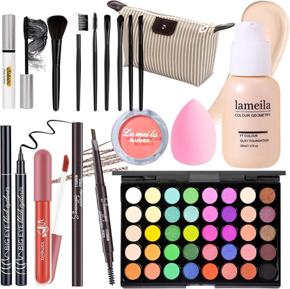 YBUETE Makeup Set Full Kit front view showcasing the forty color eyeshadow palette and open cosmetic bag.