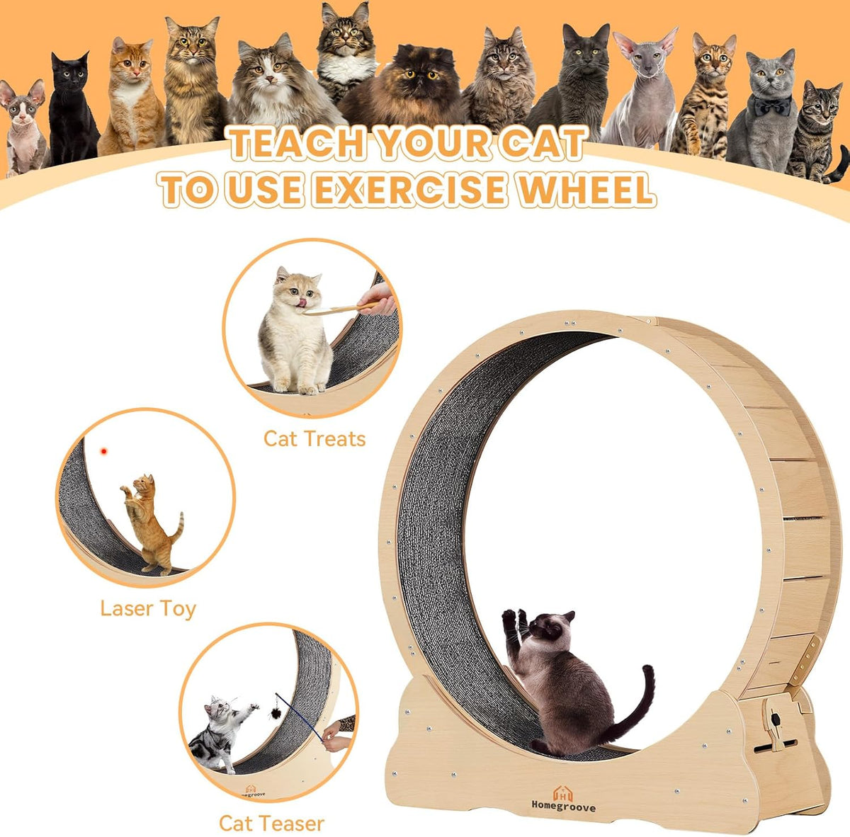Built in security lock feature on wooden cat running wheel
