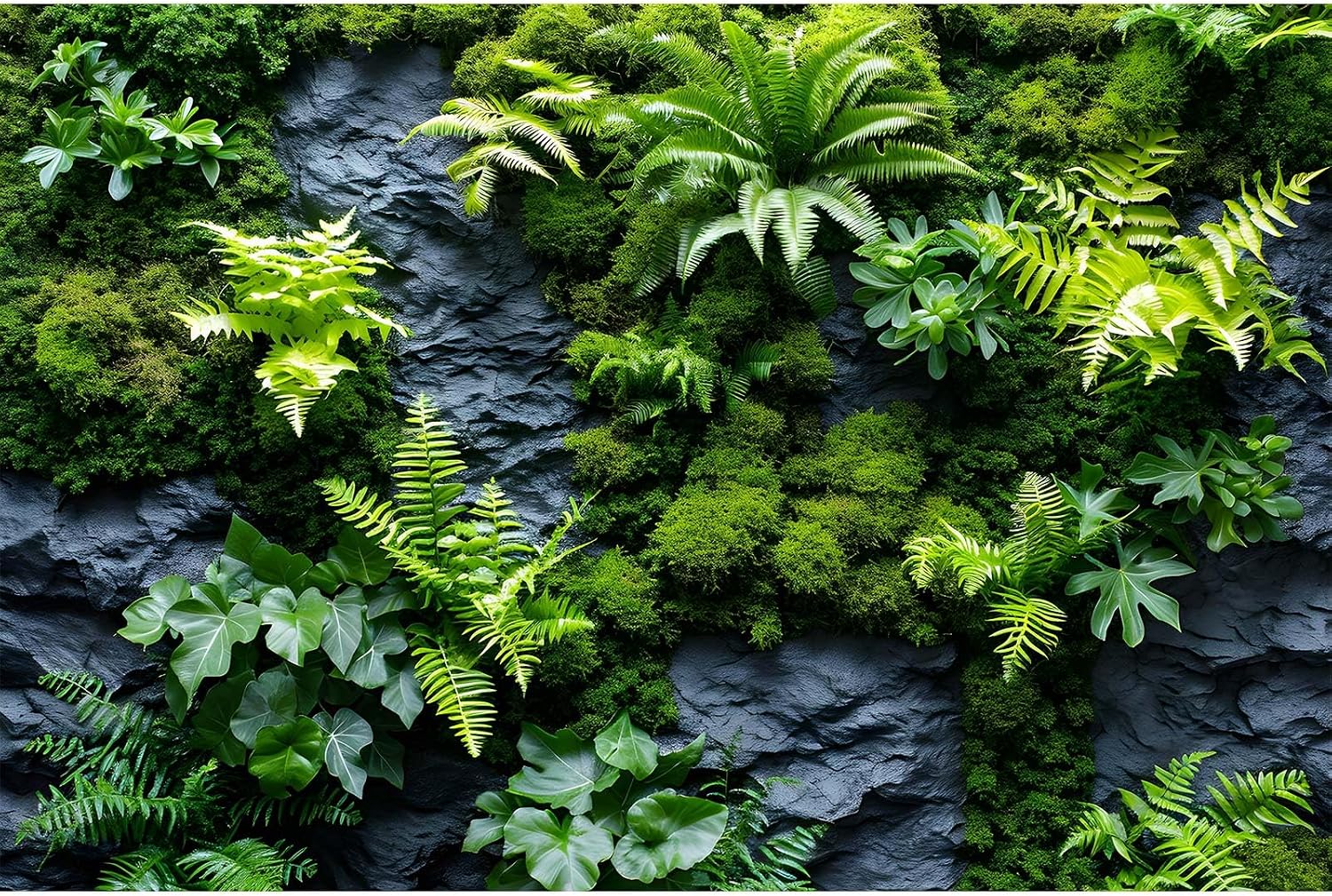 OHIOCATII Rock Wall Reptile Habitat Background front view showcasing green moss and gray rock pattern.