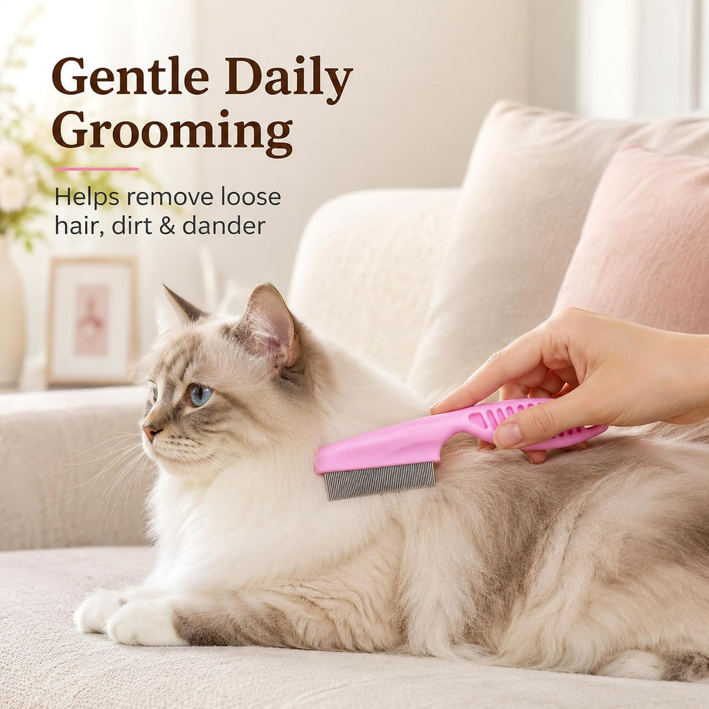 Pink anti slip handle flea comb for kittens and puppies.