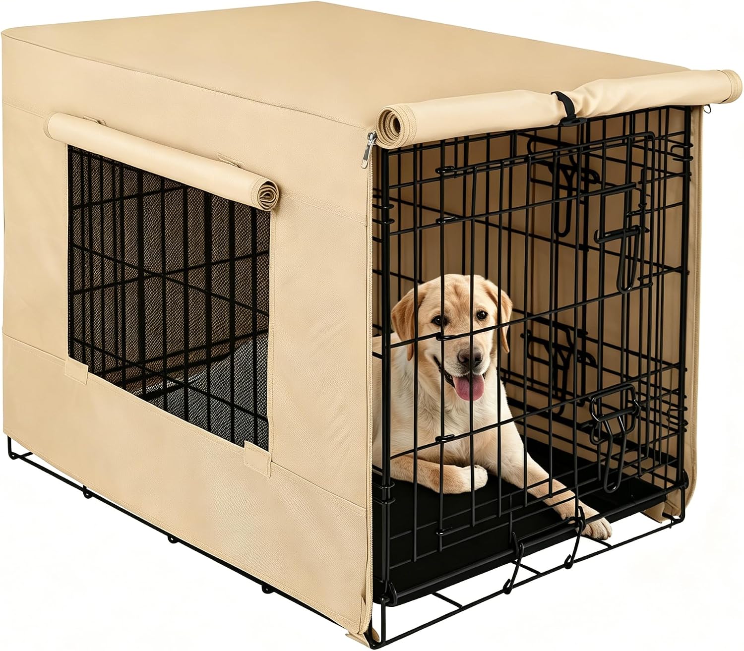 Akinerri Dog Crate Cover with Mesh Window, Double Door Waterproof Pet Kennel Cover, Durable 600D Polyester Protective Cage Cover for 42 Inch Dog Crate - Beige - Image 12
