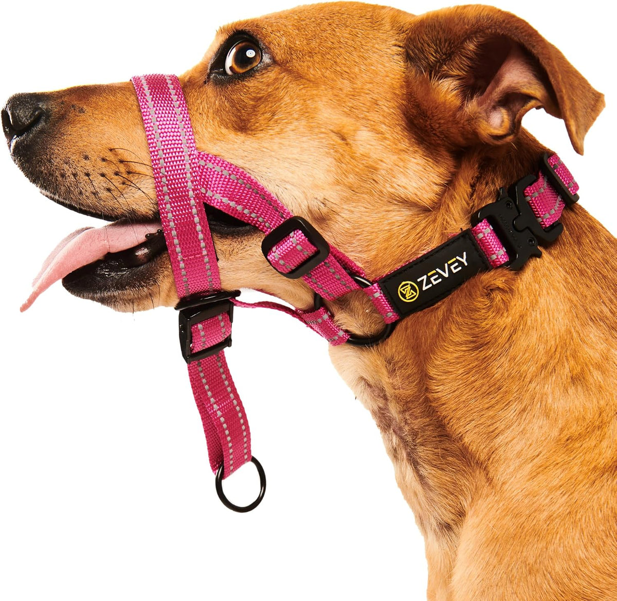 ZEVEY adjustable dog head halter pink front view showing padded nose loop