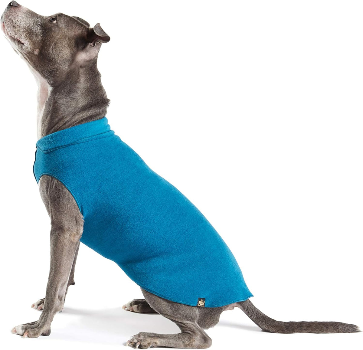 Gold Paw stretch fleece dog sweater front view showing the marine blue fabric.