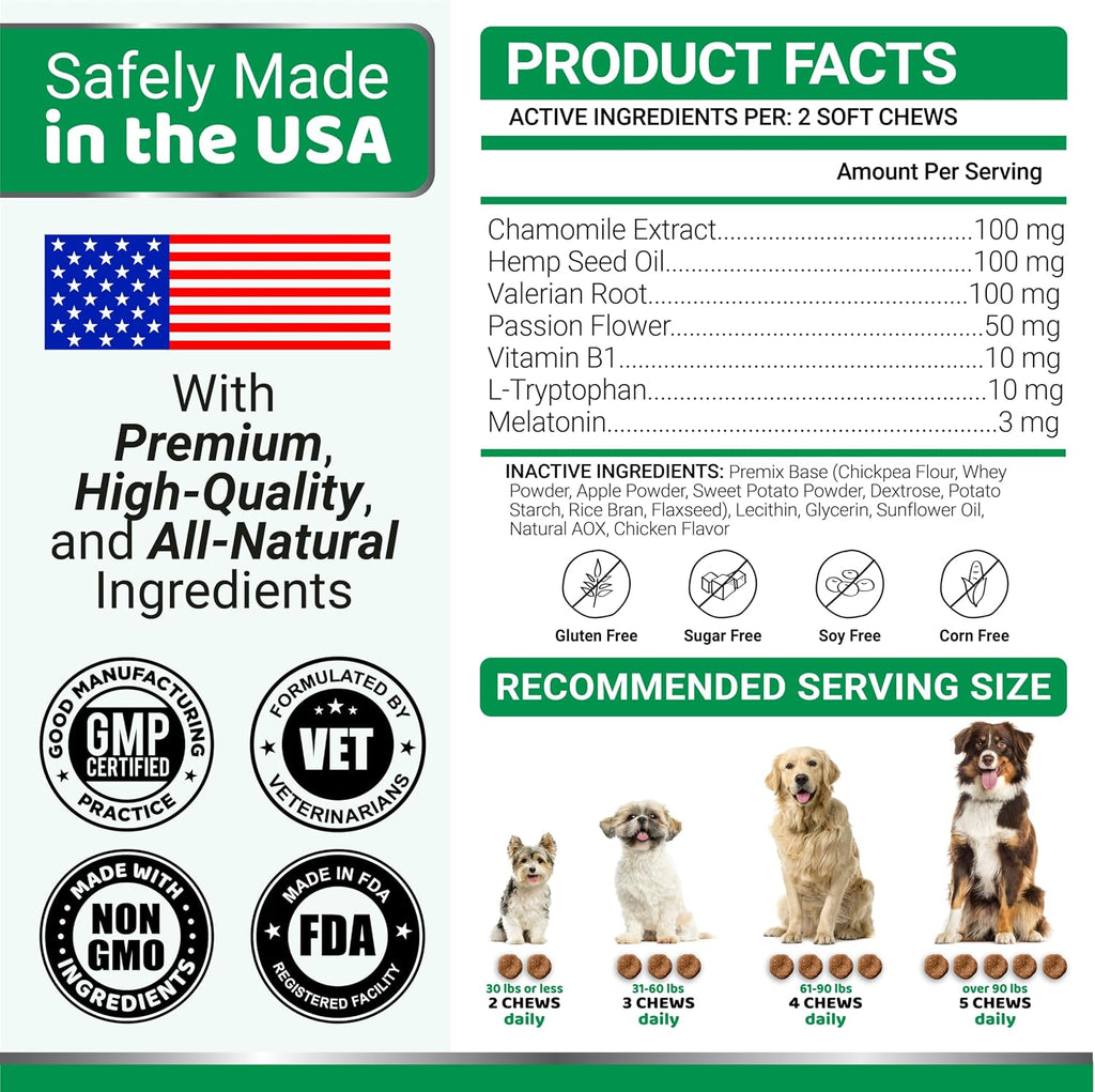 Advanced strength hemp chews container for canine thunderstorm and firework stress management