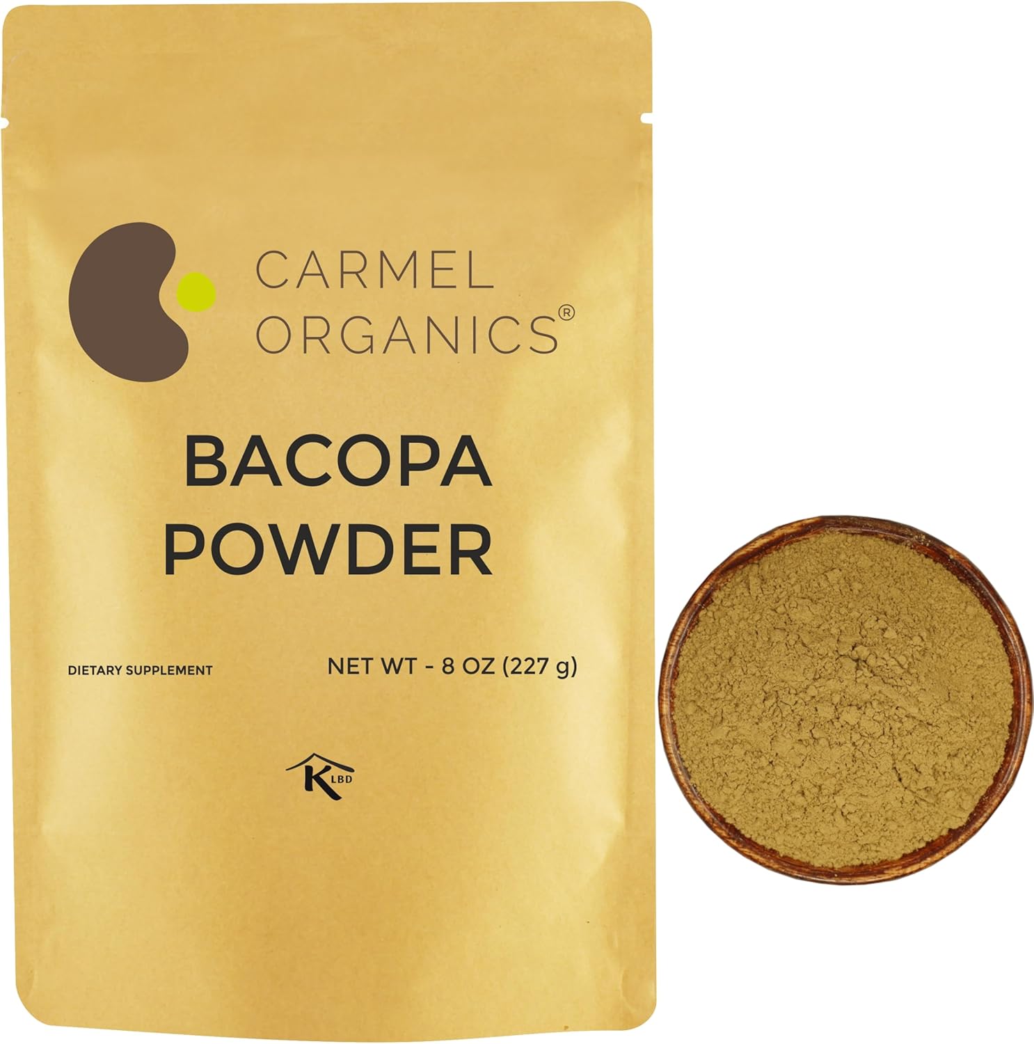 Carmel Organics Bacopa Monnieri Brahmi Powder 227g pack front view showing organic supplement details.