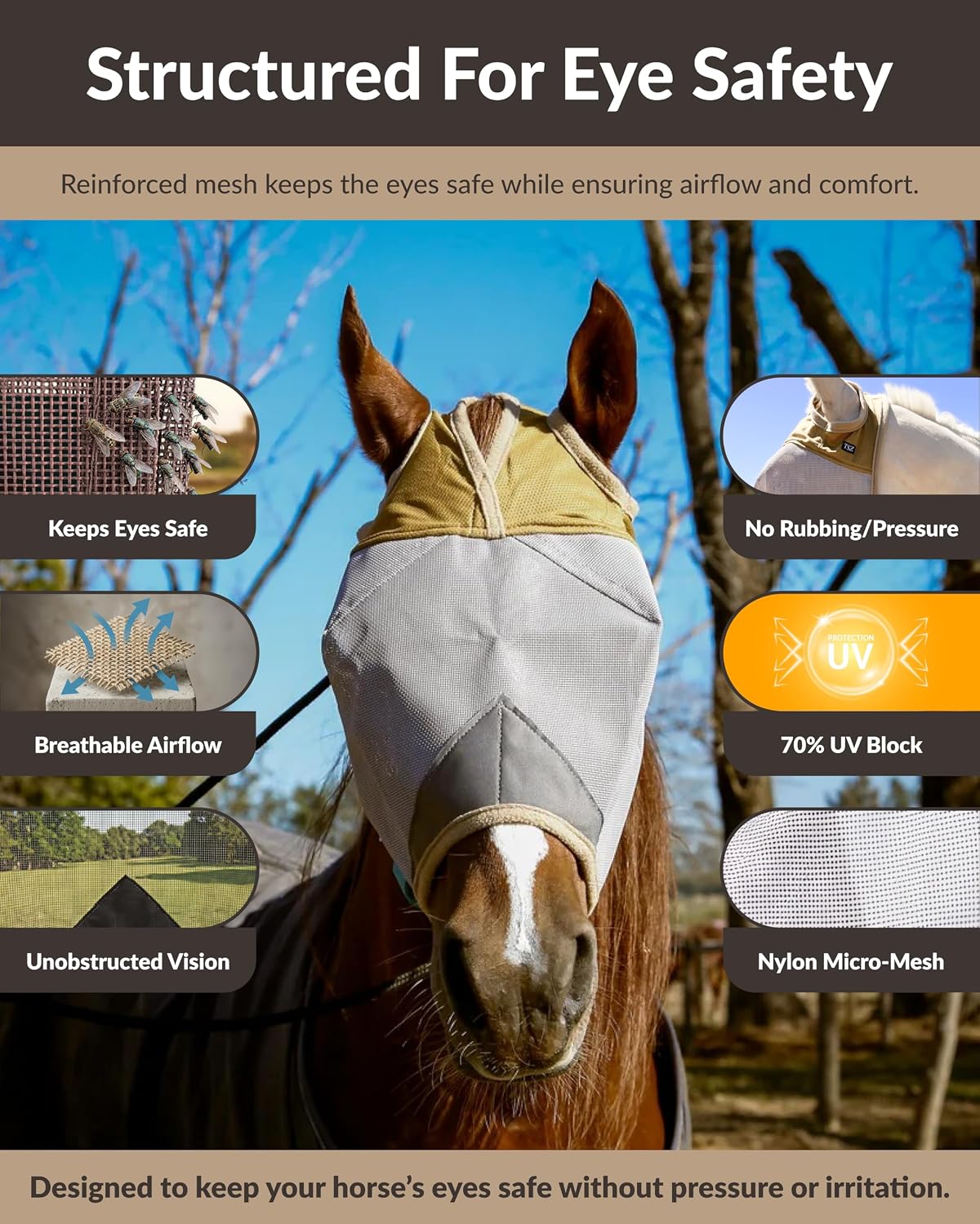 Breathable nylon micro-mesh material close up on horse mask