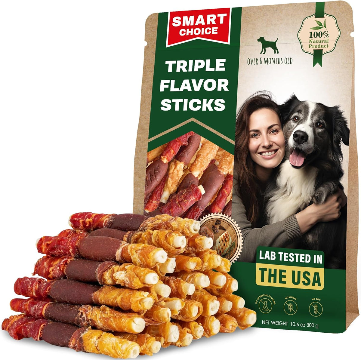 Beloved Pets Triple Flavor Rawhide Dog Treats front view packaging.
