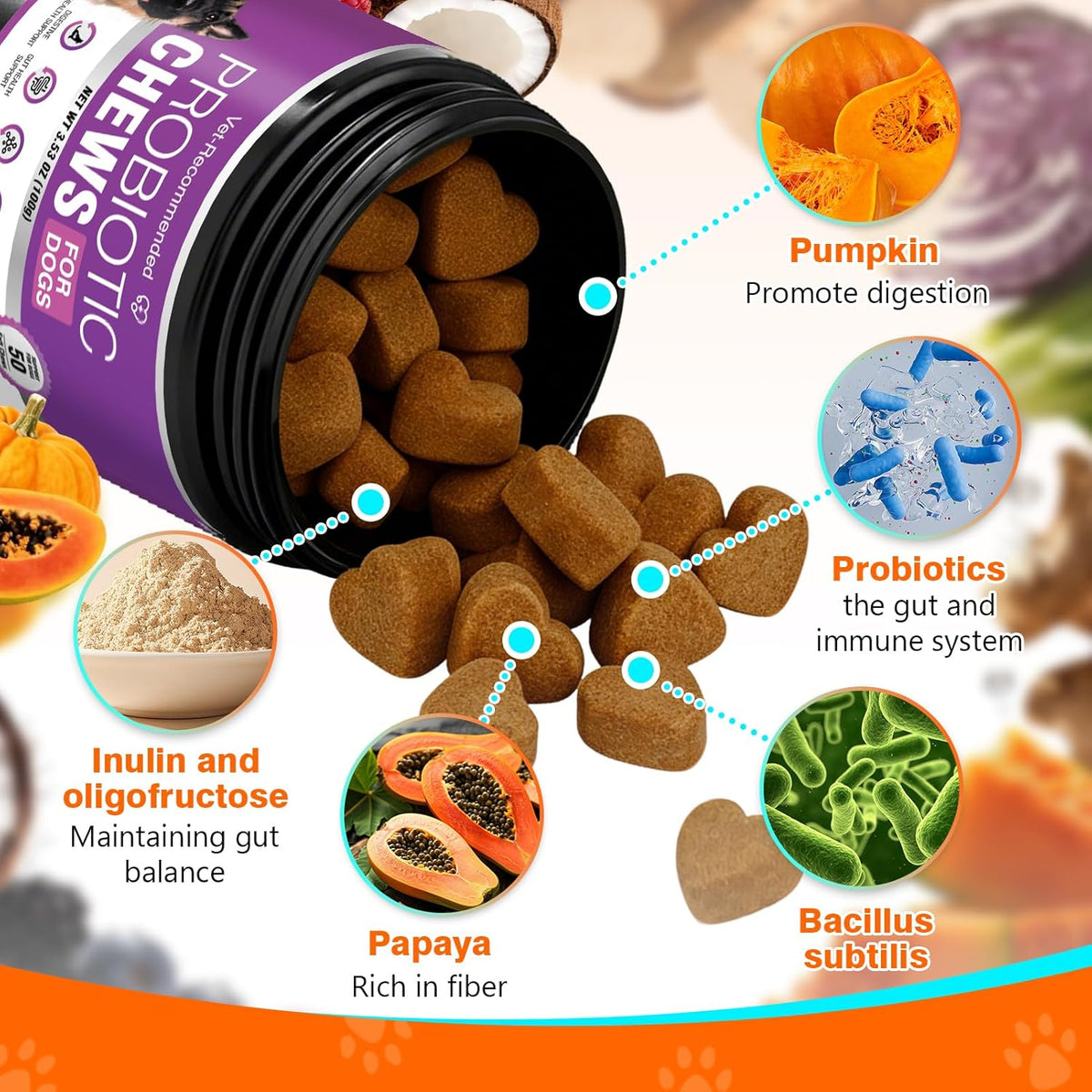 Close up of chicken flavored probiotic soft chews for daily pet digestive wellness