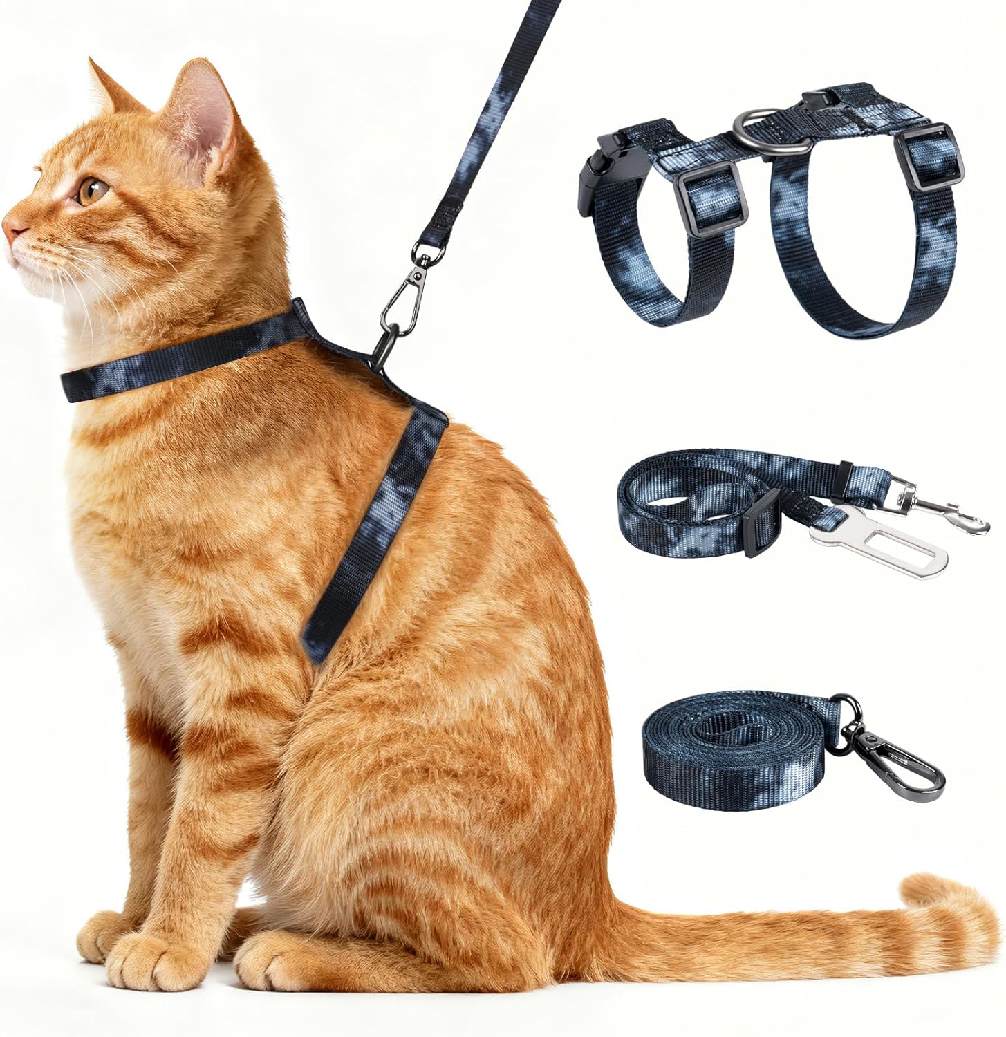 Cattooll cat harness and leash set front view of the black adjustable walking vest.