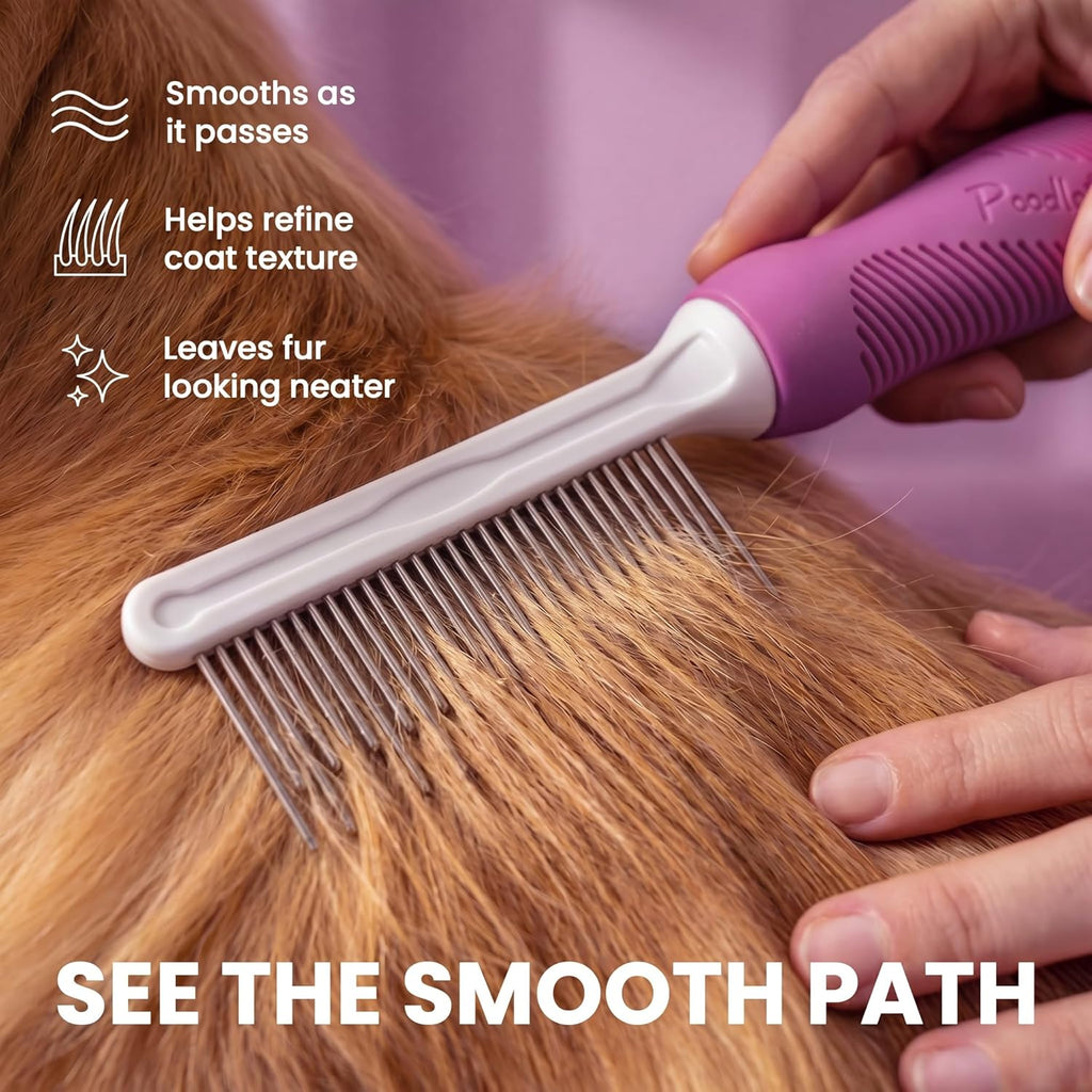 Close-up of the long and short metal pins on the Poodlie grooming tool designed for detangling fur