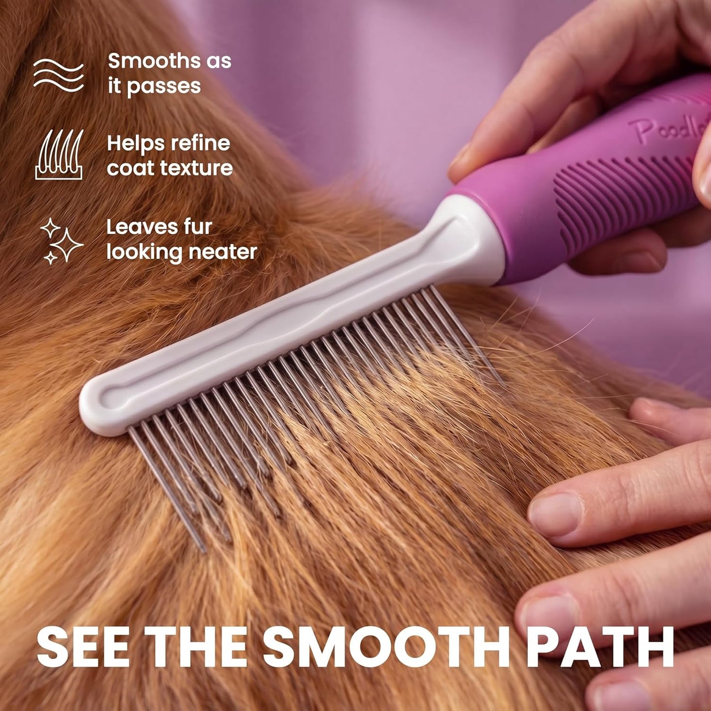 Close-up of the long and short metal pins on the Poodlie grooming tool designed for detangling fur