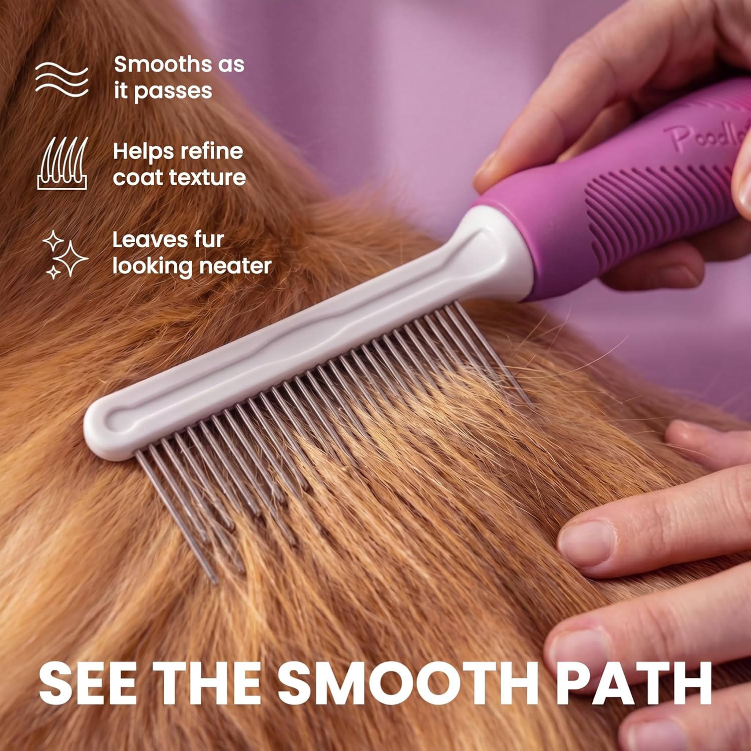 Close-up of the long and short metal pins on the Poodlie grooming tool designed for detangling fur
