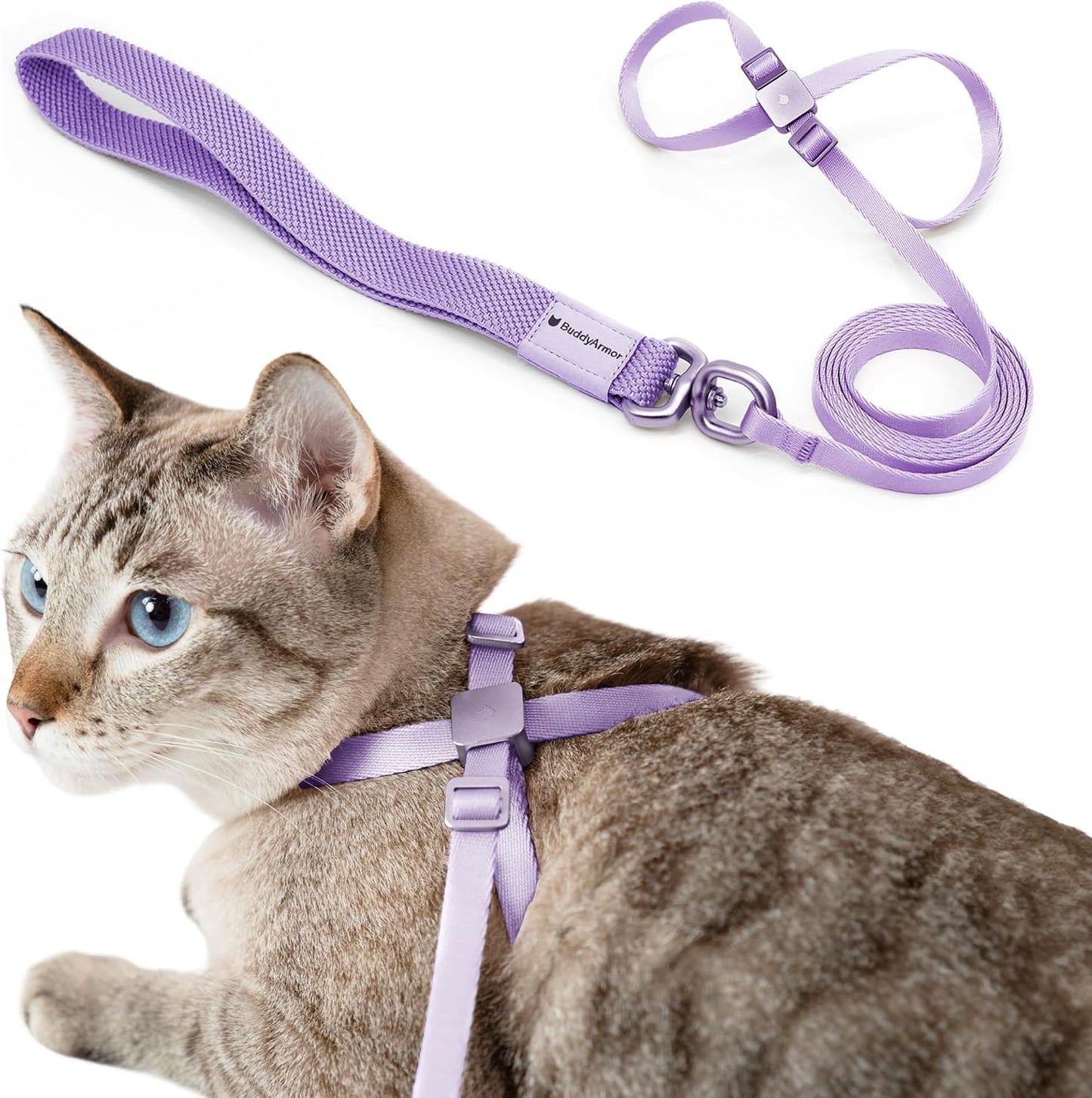 BuddyArmor 2-in-1 escape proof cat harness in purple front view on a pet.