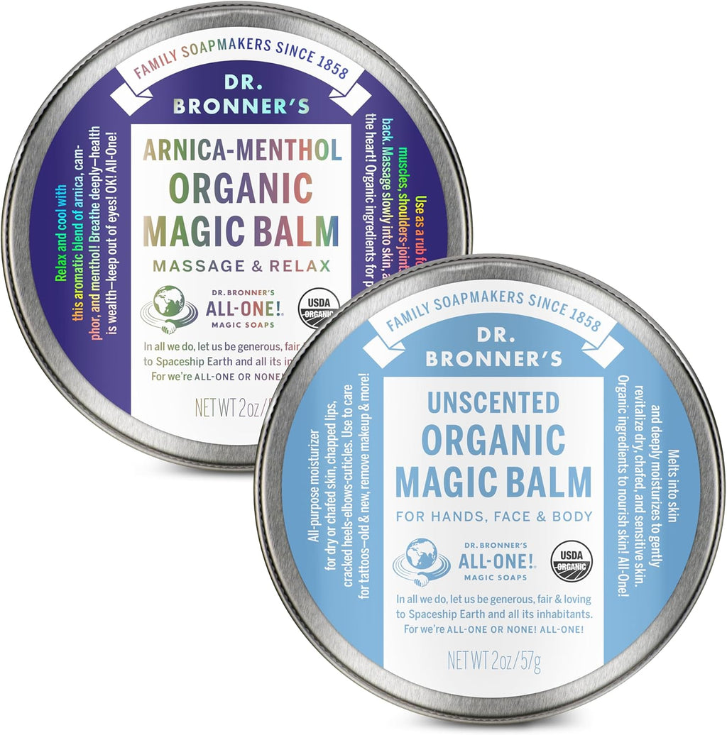 Dr. Bronner's Organic Magic Balm Variety Pack front view showing both tins.