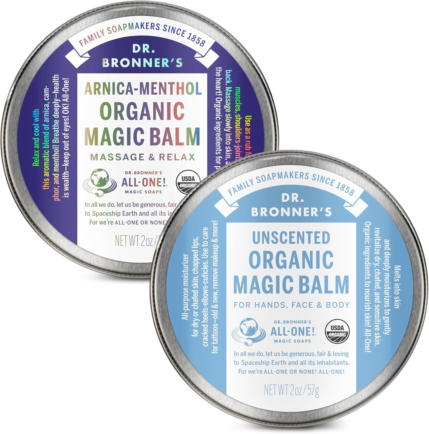 Dr. Bronner's Organic Magic Balm Variety Pack front view showing both tins.
