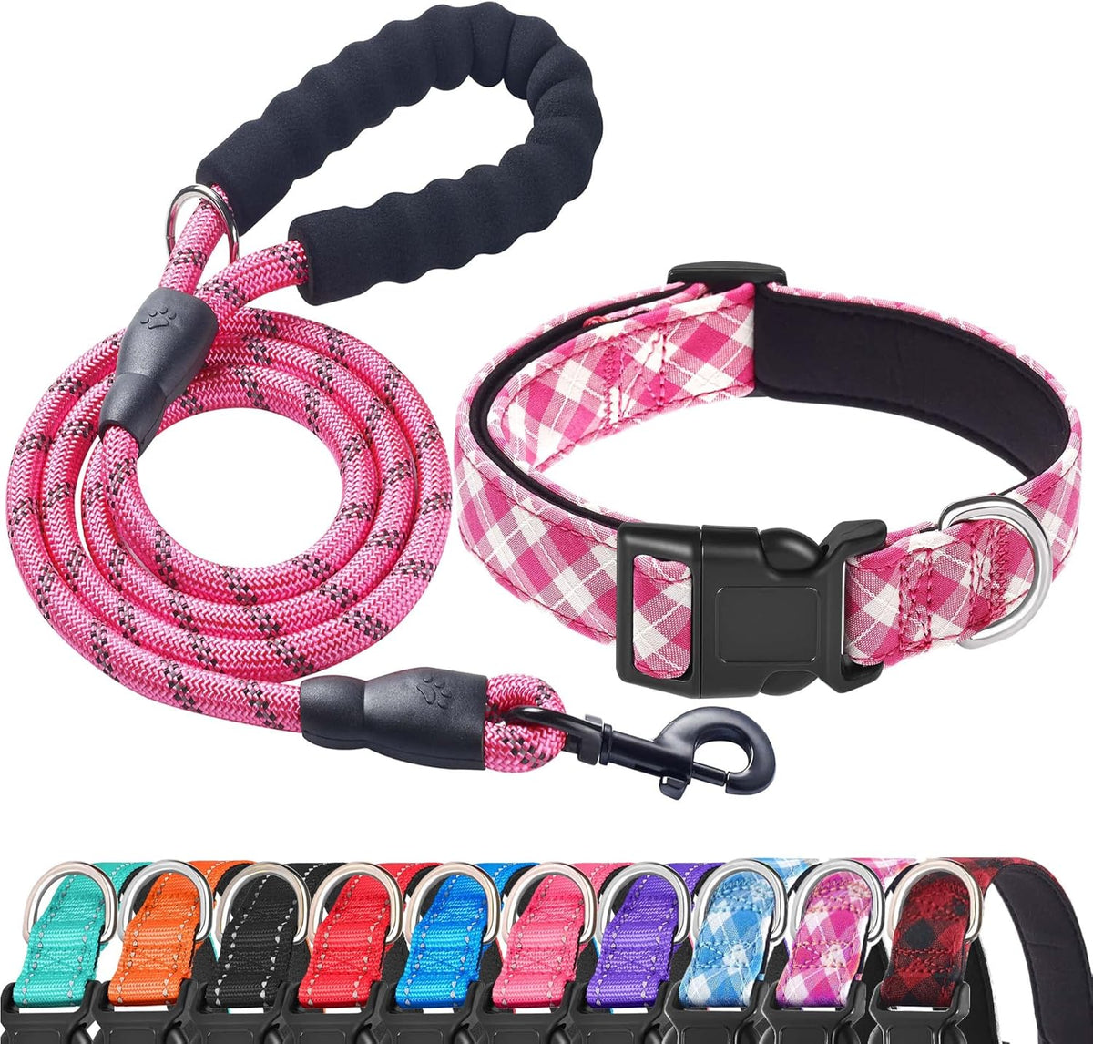 Ladoogo Reflective Dog Collar Padded with Soft Neoprene Breathable Adjustable Nylon Dog Collars for Small Medium Large Dogs (Medium (Pack of 1), Blue Collar+Leash) - Image 9