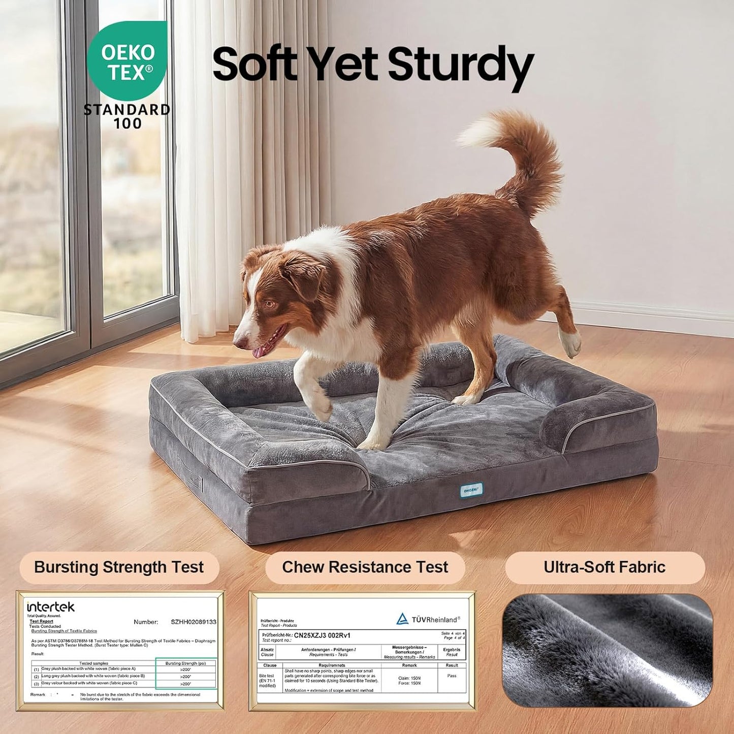 OhGeni pet bed with removable waterproof cover visible
