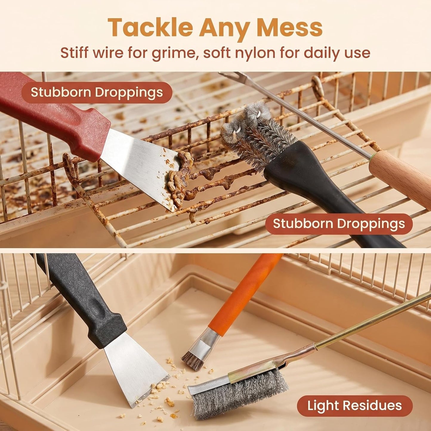Nylon bristle birdcage brush cleaning tight corners of a parrot habitat.