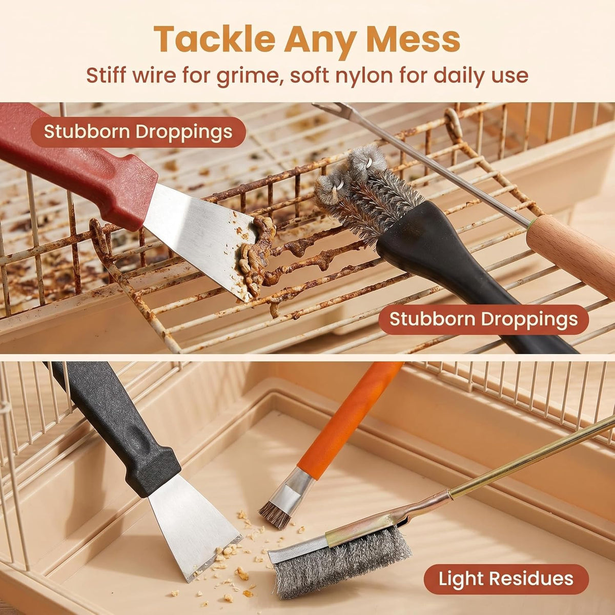 Nylon bristle birdcage brush cleaning tight corners of a parrot habitat.