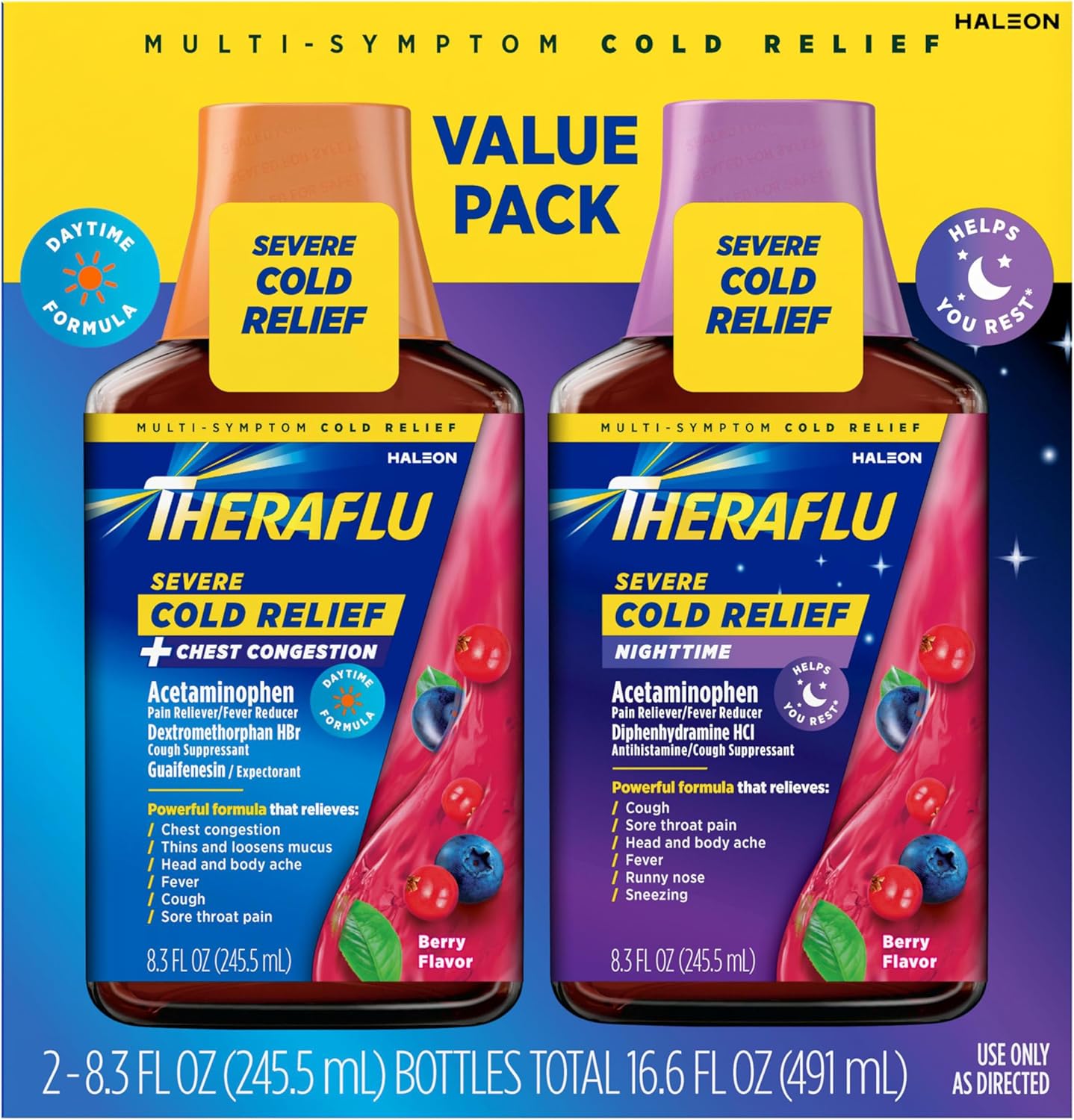 Theraflu Severe Cold and Cough Daytime and Nighttime Berry Syrup twin pack front view showing packaging