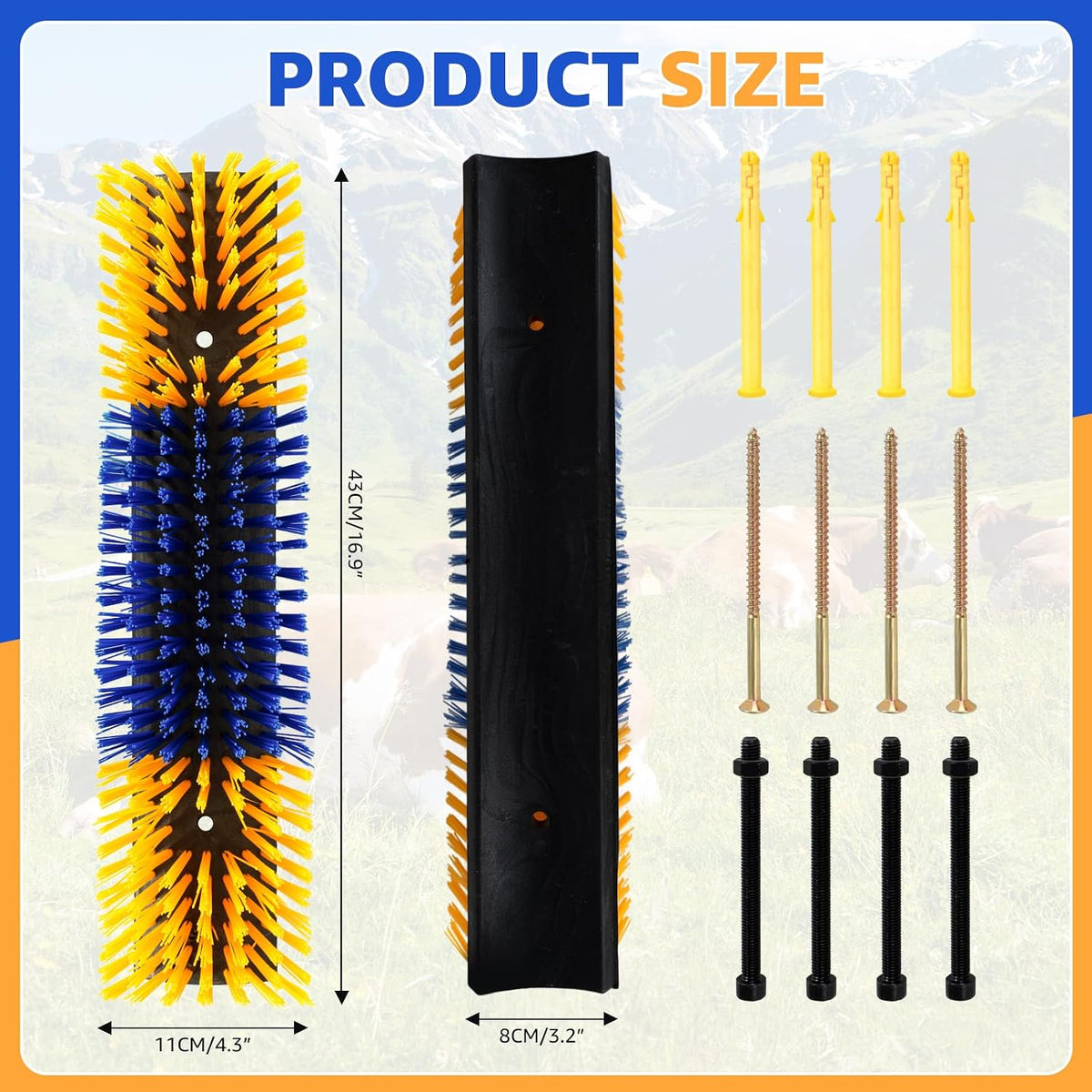 Heavy duty blue and yellow animal scratcher installed on a barn corner