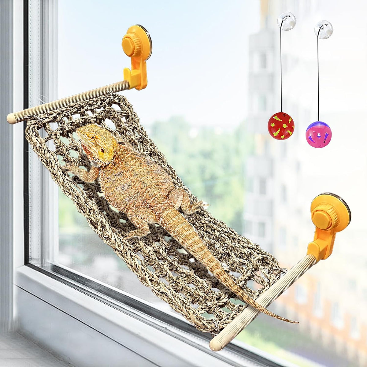 VCEPJH Bearded Dragon Hammock, Reptile Window Perch Natural Seagrass Gecko Climbing Tank Accessories Lizard Lounger Bed with Powerful Suction Cups Bearded Dragon Toys for Basking (11.81 * 7.08) - Image 9