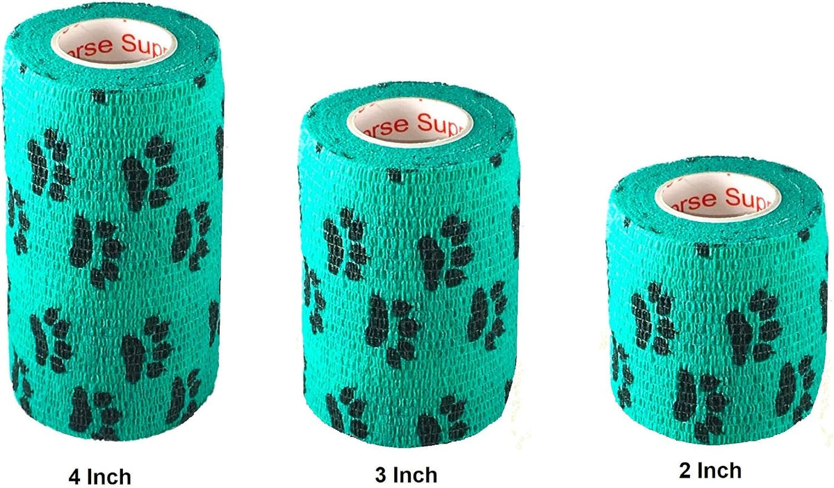 Two rolls of teal paw print vet wrap tape stacked