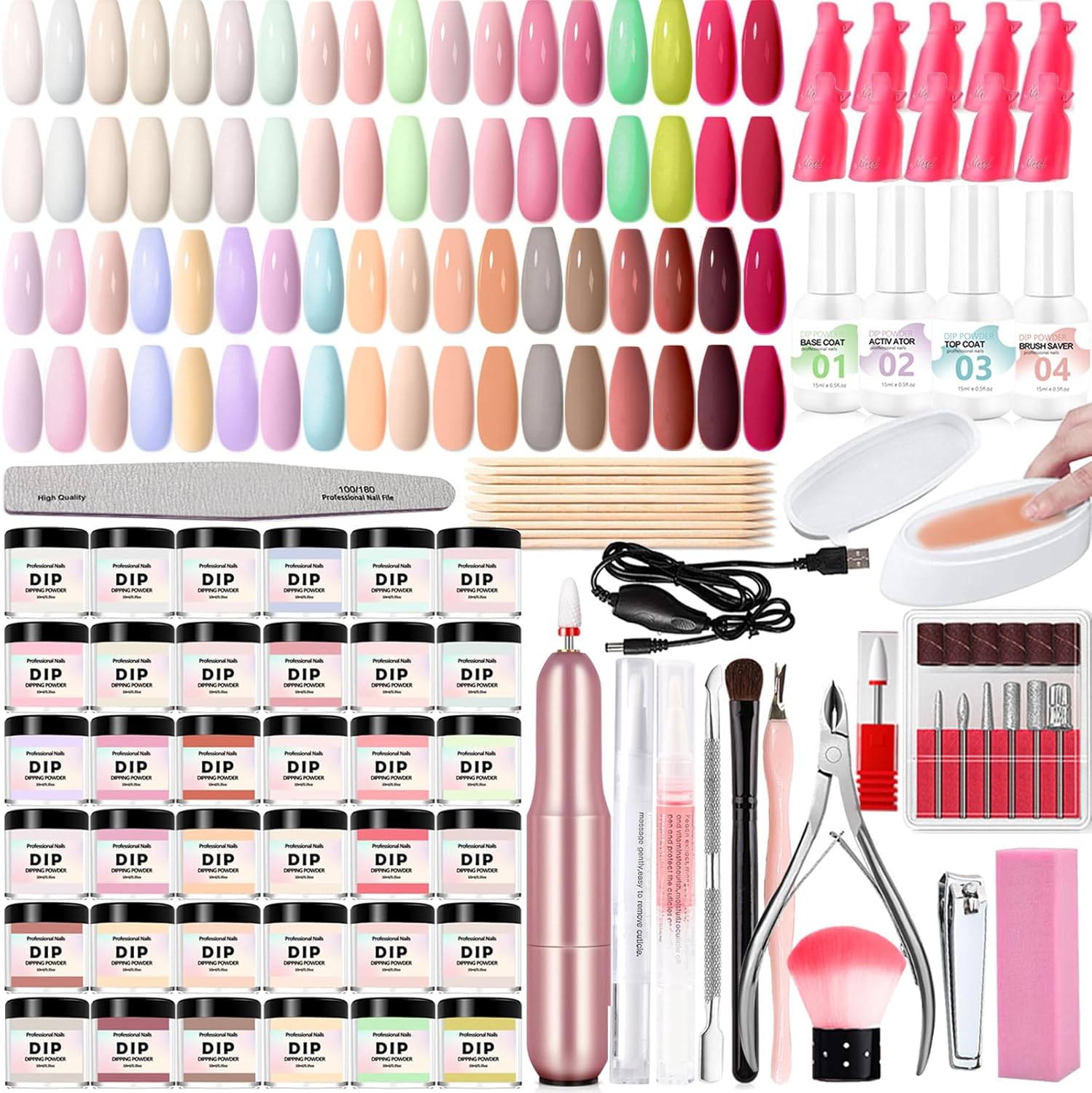 QUKLOGEN 36 color dip powder nail kit with electric nail drill and recycling tray
