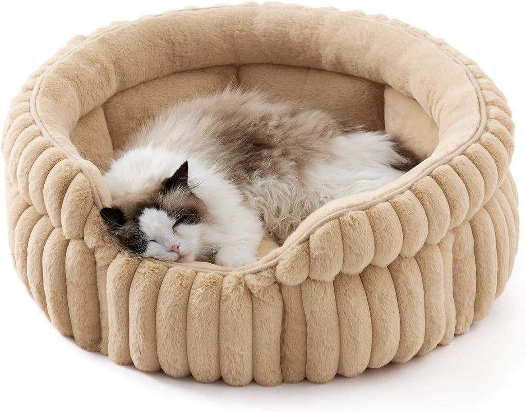 Bedsure ComfyFleece(TM) Cat Bed, Washable Round Cute Pet Beds for Indoor Cats, Super Soft Corduroy Kitten Bed with Anti-Slip Bottom, 20''x20''x8'', Cream - Image 11