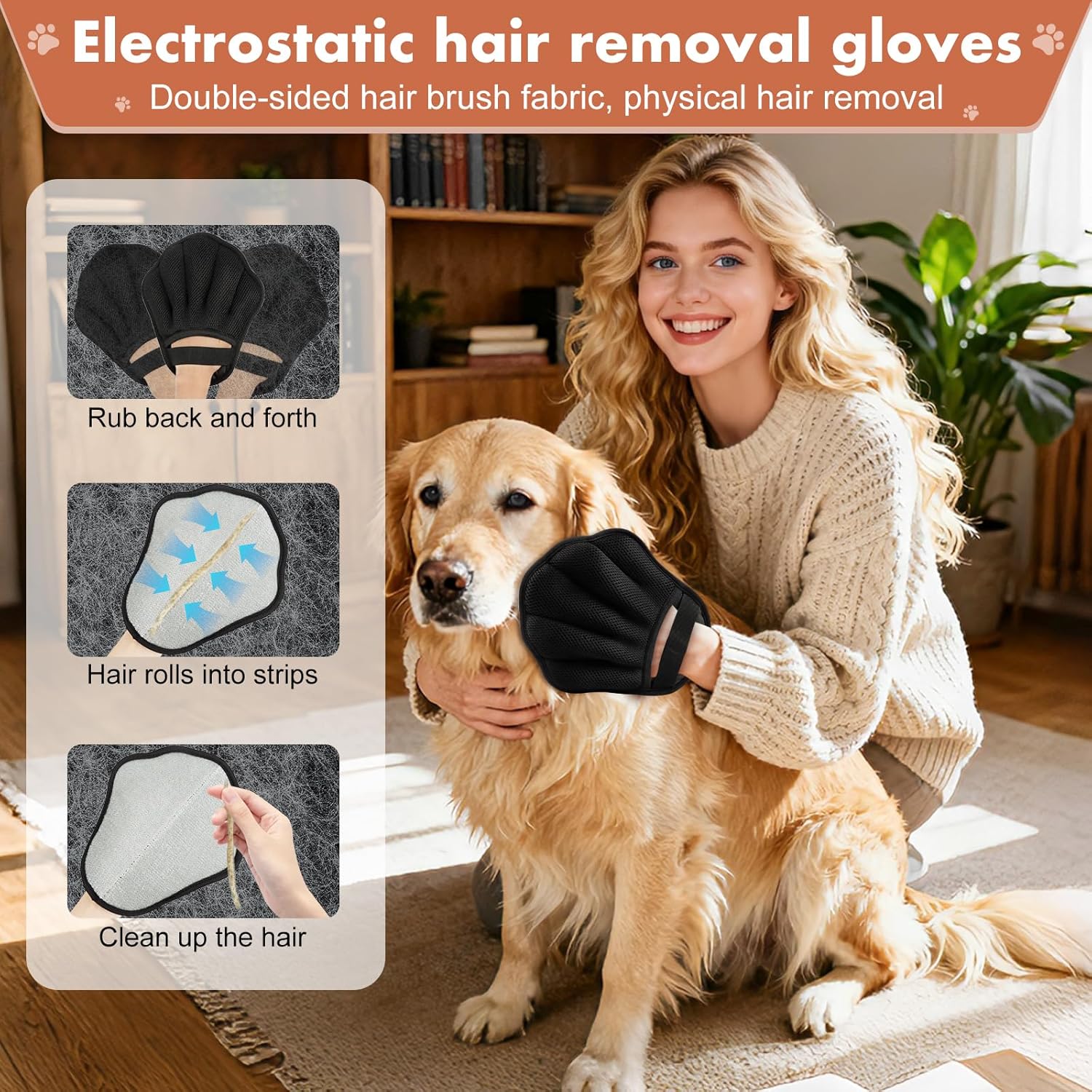 Breathable mesh back fabric on pet hair removal glove