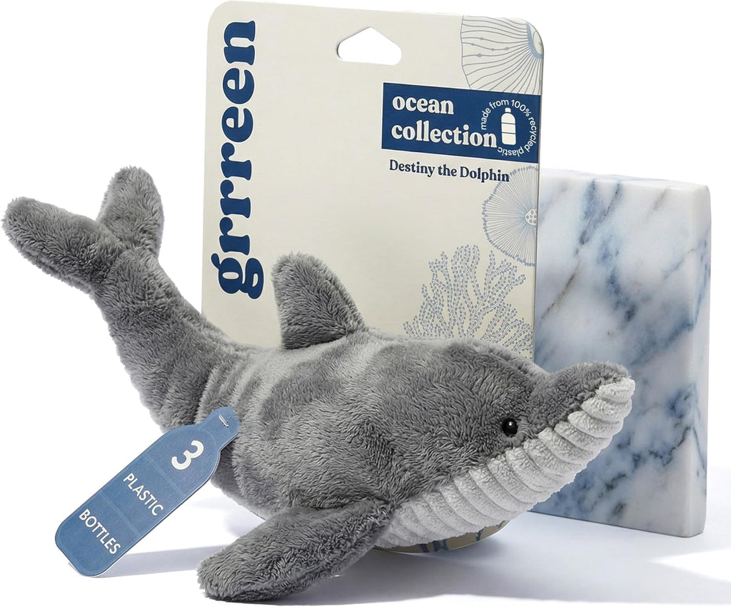 Large breed dog playing with Grrreen jumbo mahi mahi plush