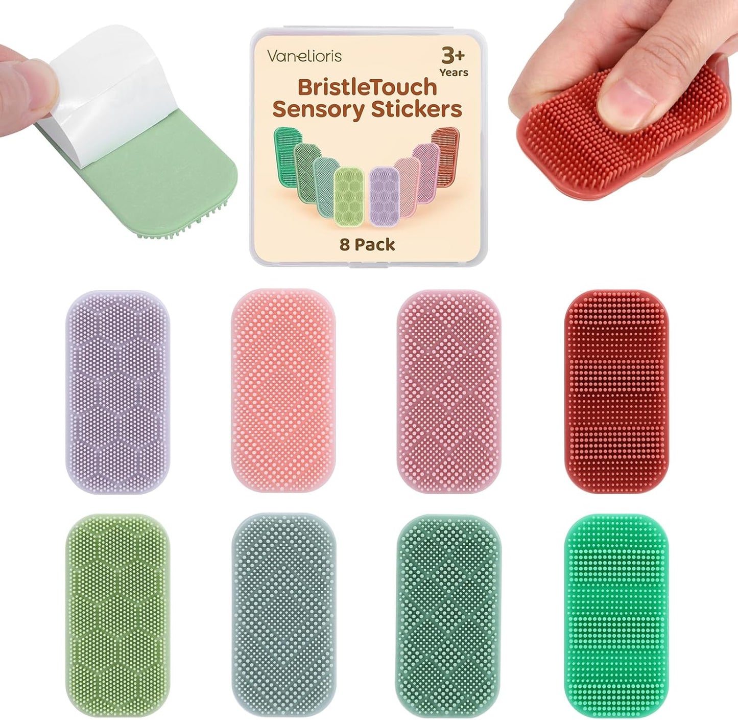 Vanelioris sensory stickers front view showing eight pack colorful anxiety relief calm strips.