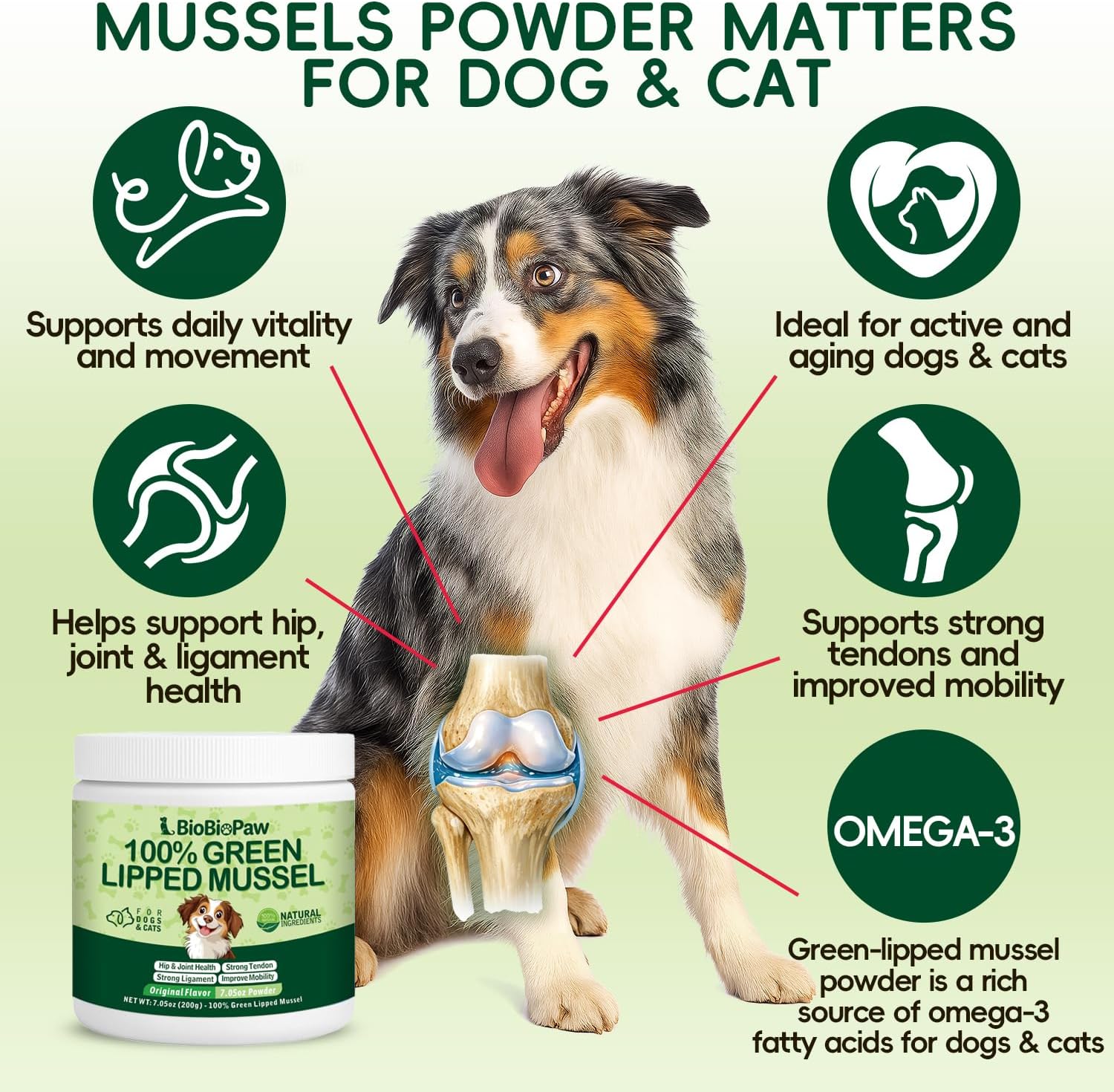 Natural hip and joint flexibility powder for pets with fine texture close up visualization