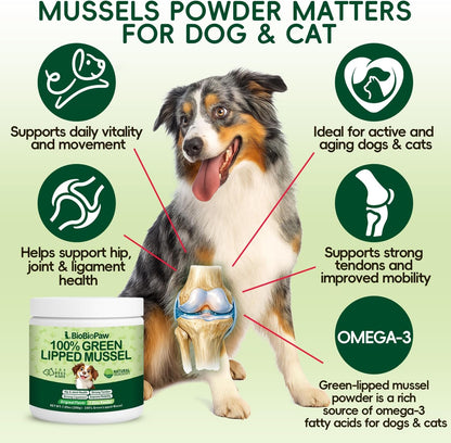 Natural hip and joint flexibility powder for pets with fine texture close up visualization