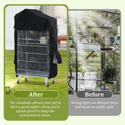 All weather windproof birdcage cover fitted on a square cage structure