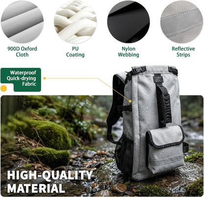 Rear view of the Aeegee medium dog carrier highlighting the widened waist strap designed to reduce back strain.
