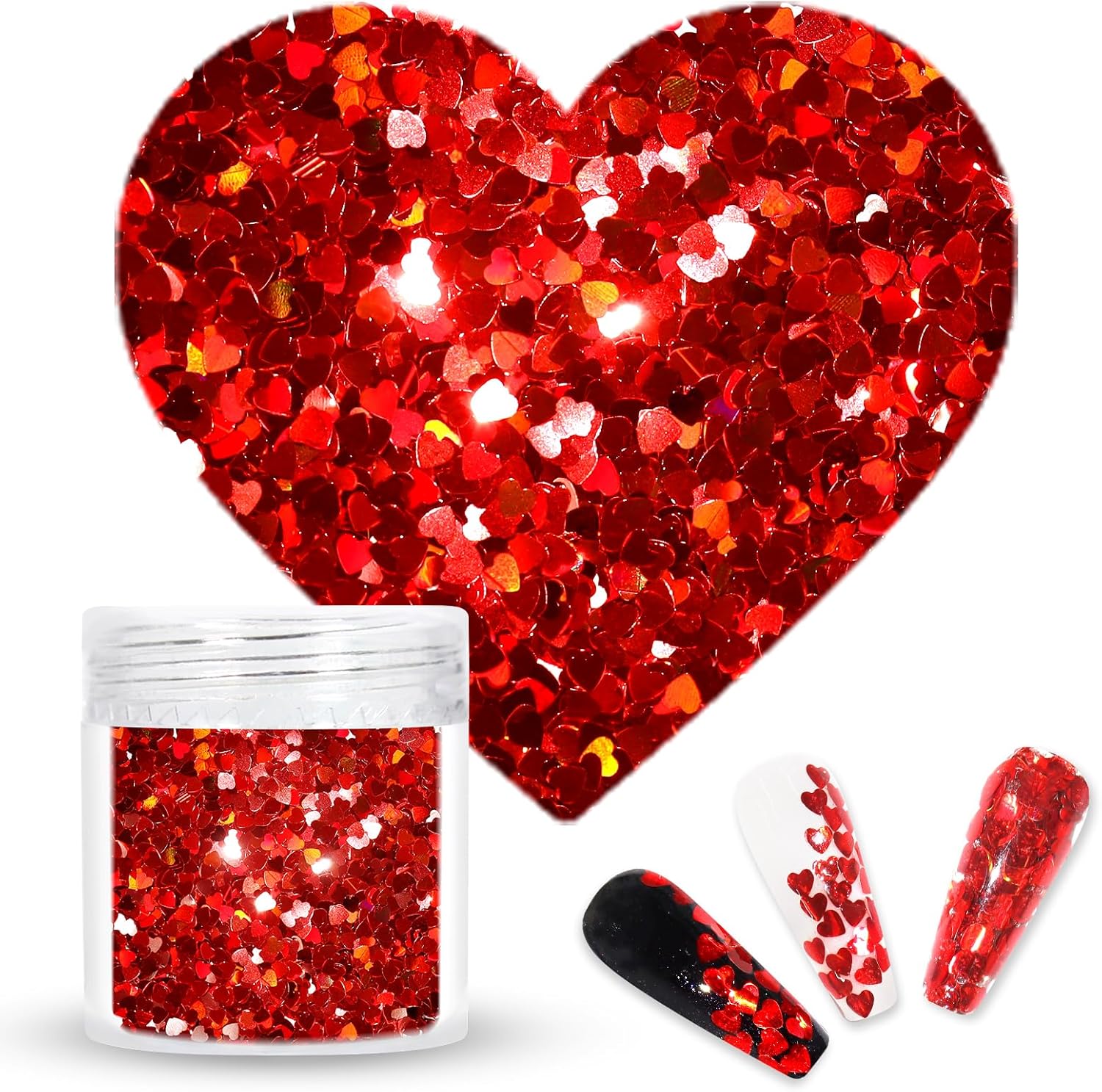 Laza Ehope laser red heart shaped chunky glitter front view