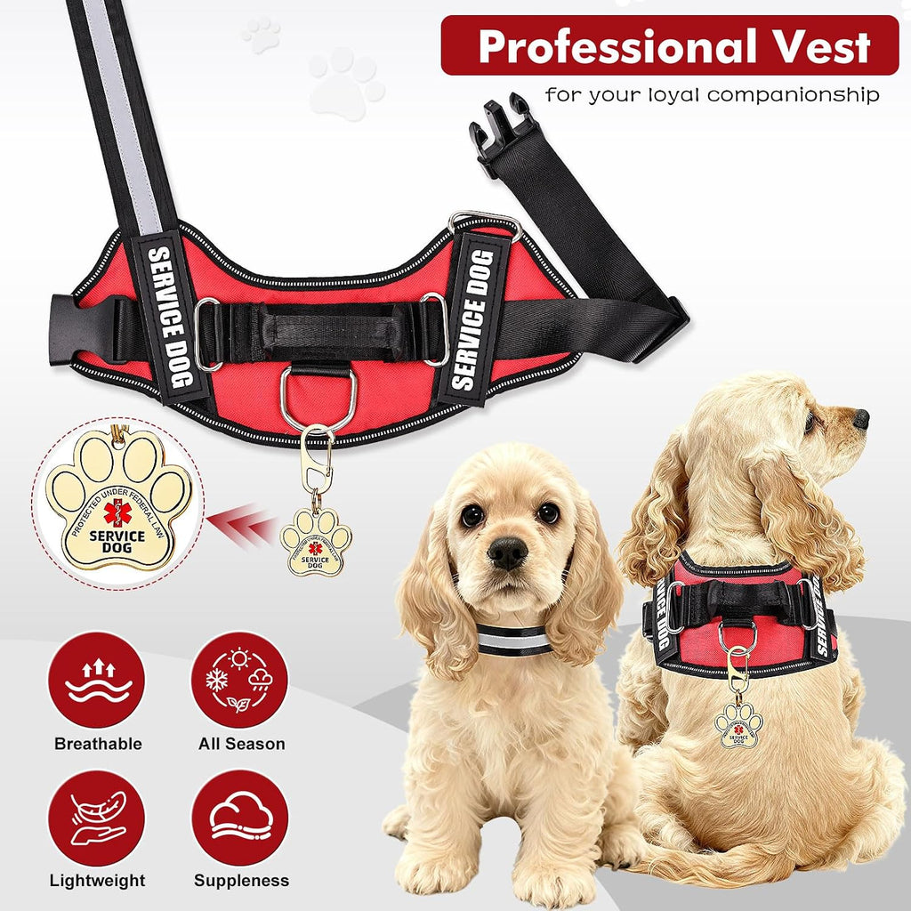 Close-up of the ruggedized stainless steel Opstin service dog identification tag with lobster clip.