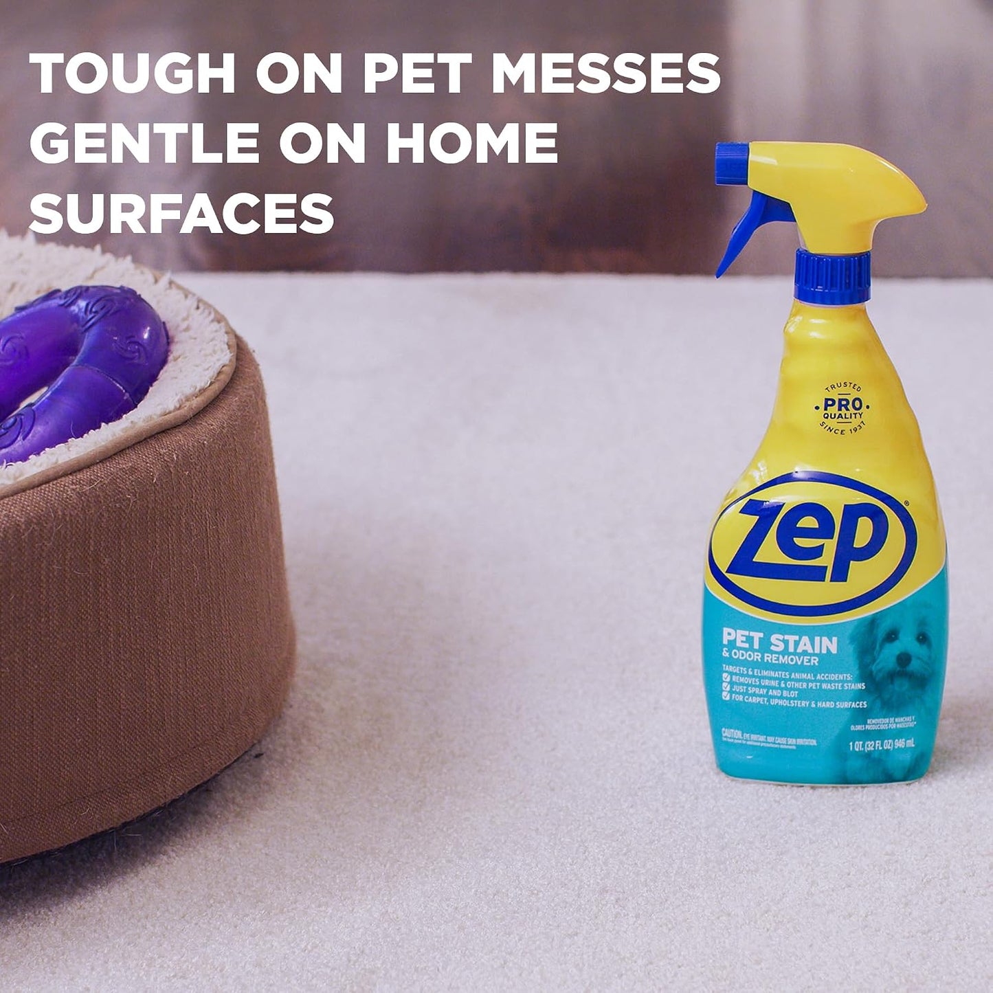 Zep pet stain and odor remover bottle highlighting the professional oxy formula