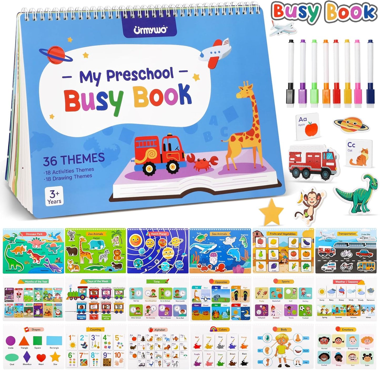 URMYWO Montessori Busy Book front view showing interactive colorful preschool learning cover.