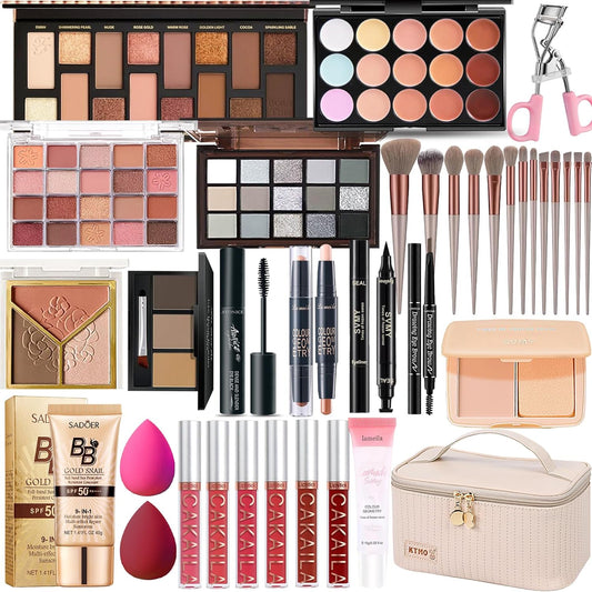 SHELAKIN all in one makeup kit front view showing open travel bag filled with cosmetics