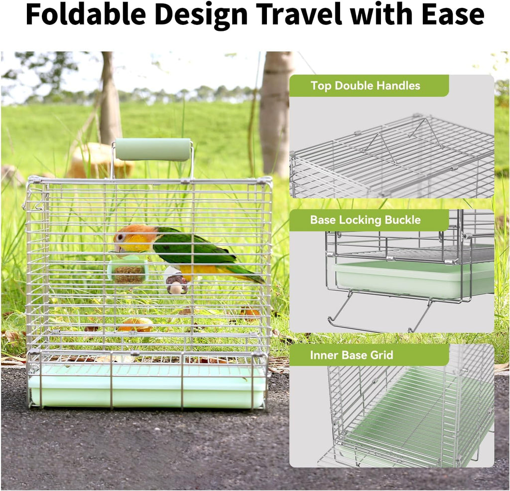 Bird Carrier Travel Cage - 304 Stainless Steel Portable Folding Bird Travel Cage with Parrot Feeder Cups & Standing Perch for Smaller Birds Conures Lovebird Cockatiel Parakeets (Green) - Image 5