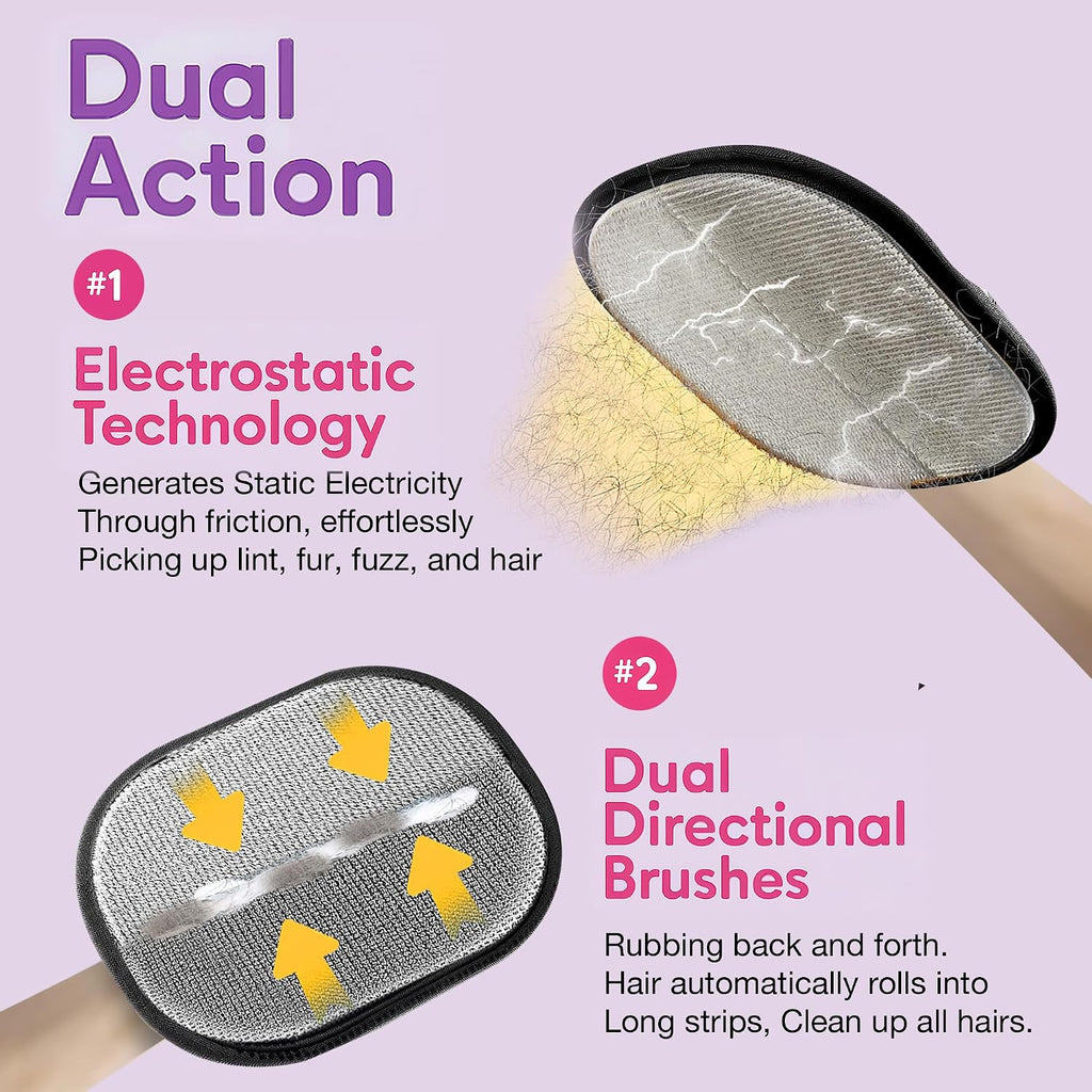 Dual sided pet fur removal glove capturing hair from carpet and car seats