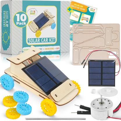 STEM Inventions Solar Powered Car Kit 10 Pack front view showing completed wooden solar vehicle models.