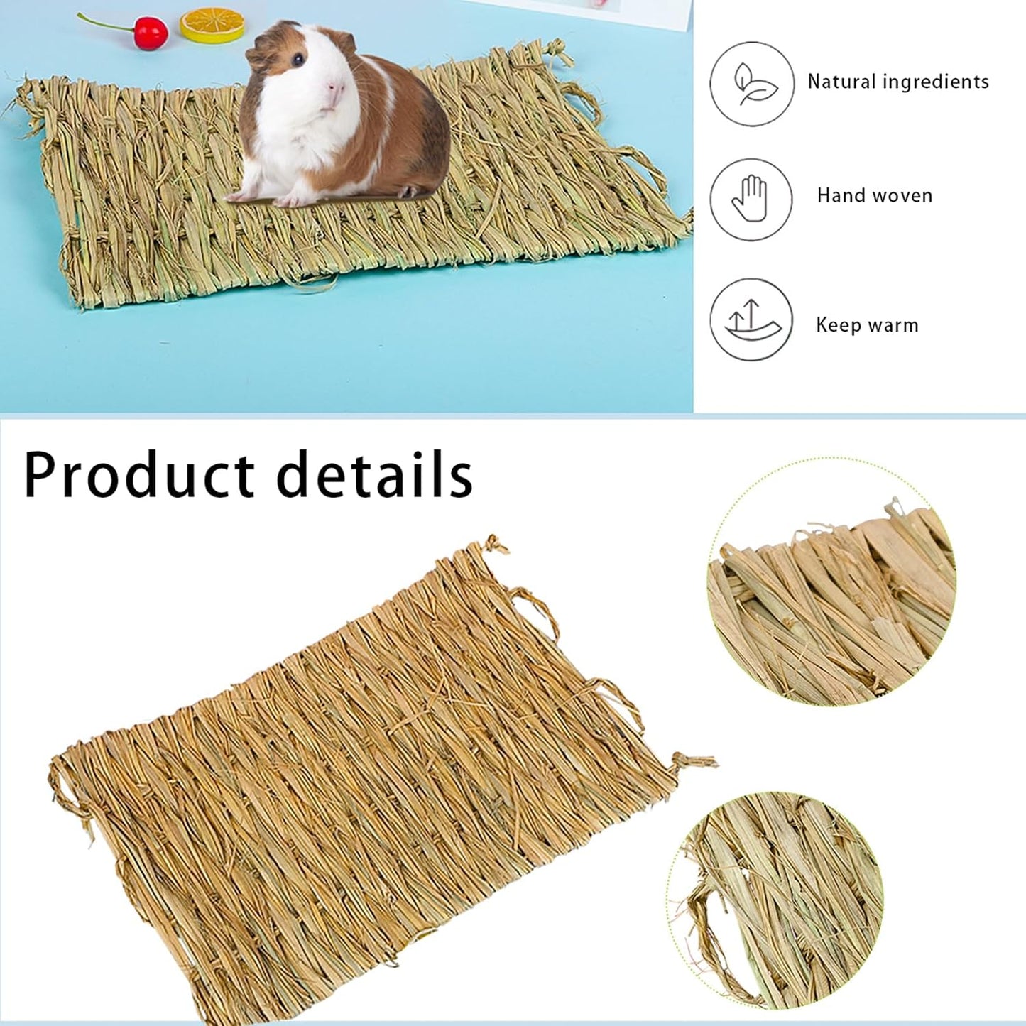 Size comparison of Pinvnby grass mat with small animal