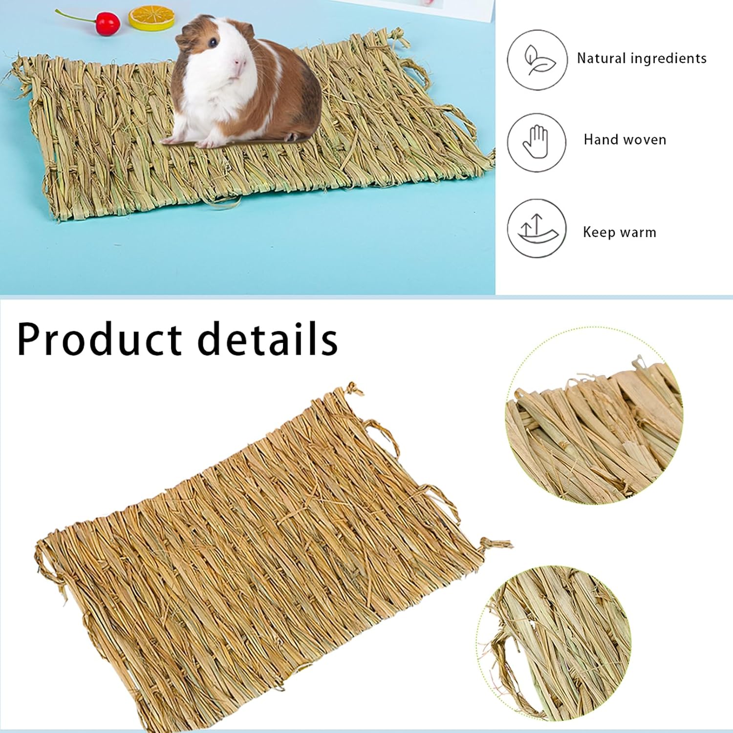 Size comparison of Pinvnby grass mat with small animal