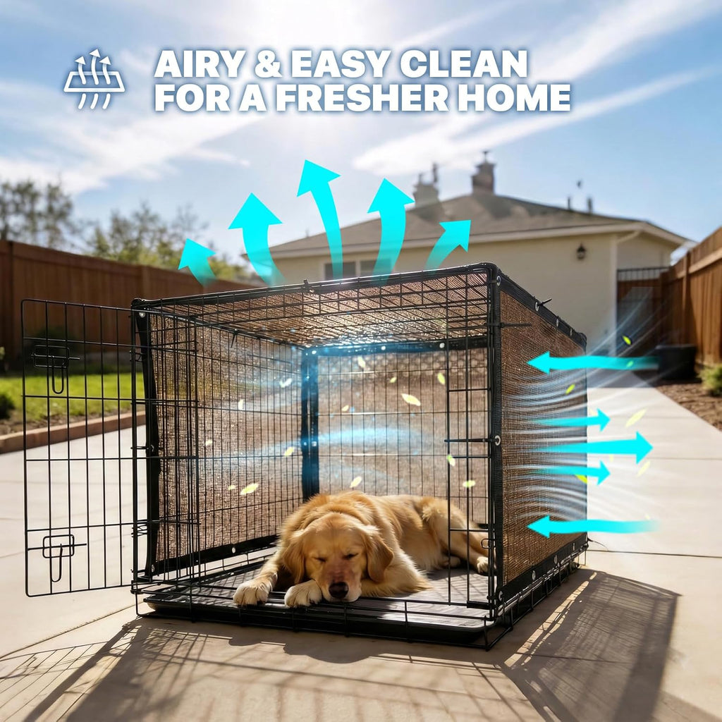 ColourTree outdoor privacy screen mounted on a patio railing for pet comfort.